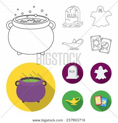 A Witch Cauldron, A Tombstone, A Ghost, A Gin Lamp.black And White Magic Set Collection Icons In Out