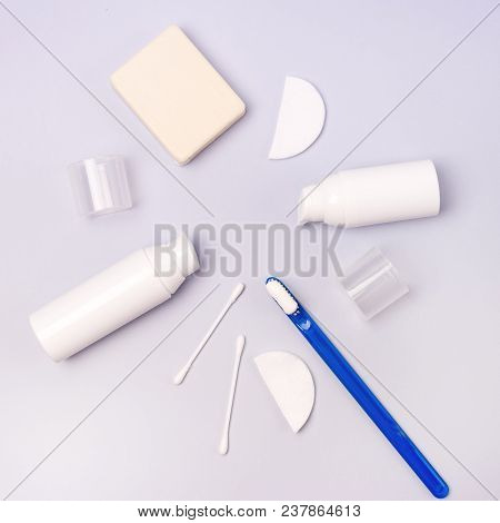 Morning Clean Concept Oral Cavity Teeth Toothbrush Cream Cotton Buds Cotton Sponge Top View Flat Lay