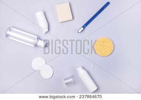 Morning Clean Concept Oral Cavity Teeth Toothbrush Cream Cotton Buds Cotton Sponge Top View Flat Lay