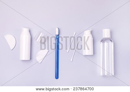 Morning Clean Concept Oral Cavity Teeth Toothbrush Cream Cotton Buds Cotton Sponge Top View Flat Lay
