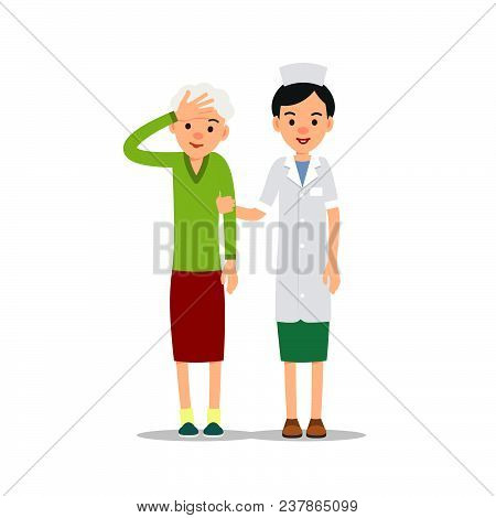 Nurse And Patient. Young Physician Stands And Supports An Elderly Woman. Cartoon Illustration Isolat
