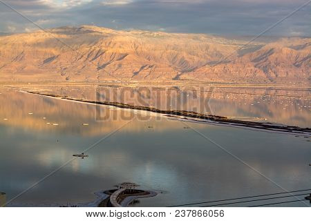 Sunset Over Lowest Salty Lake In World Below Sea Level Dead Sea, Full Of Minerals Near Luxury Vacati