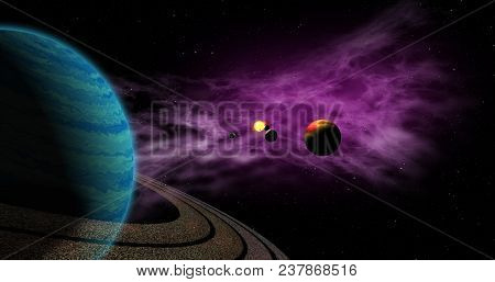 Exoplanets In Foreign Solar System With Sun Star. Distant Cosmos Exploration. Planets, Moons, Sun An