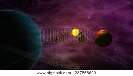 Exoplanets In Foreign Solar System With Sun Star. Distant Cosmos Exploration. Planets, Moons, Sun An