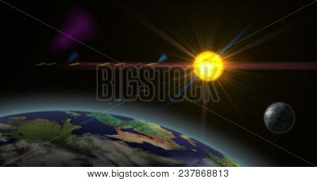 Earth-like Exoplanet In Foreign Solar System With Sun Star. Distant Cosmos Exploration. Planets, Moo
