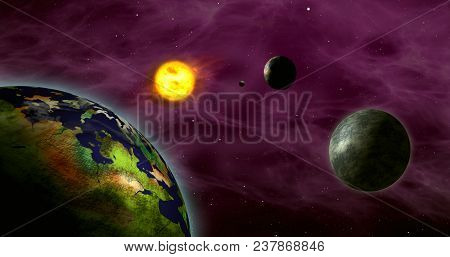 Earth-like Exoplanet In Foreign Solar System With Sun Star. Distant Cosmos Exploration. Planets, Moo