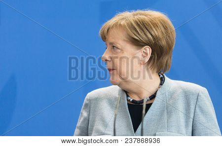 Berlin, Germany - Apr. 10, 2018: Chancellor Of The Federal Republic Of Germany Angela Merkel During 