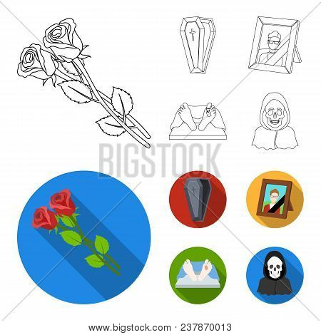 Coffin With A Lid And A Cross, A Photograph Of The Deceased With A Mourning Ribbon, A Corpse On The 