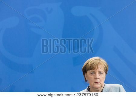 Berlin, Germany - Apr. 10, 2018: Chancellor Of The Federal Republic Of Germany Angela Merkel During 