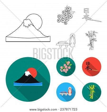 Geta, Sakura Flowers, Bamboo, Hieroglyph.japan Set Collection Icons In Outline, Flat Style Vector Sy