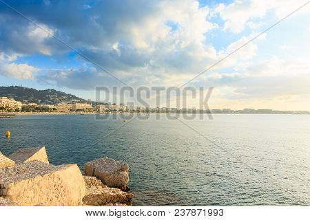 Cannes Beach Day View, France. Famous Town In South Of France. Promenade De La Croisette