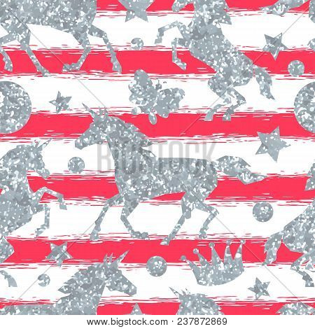 Seamless Pattern With Unicorns And Silver Glitter Texture.