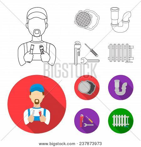 Sewage Hatch, Tool, Radiator.plumbing Set Collection Icons In Outline, Flat Style Vector Symbol Stoc