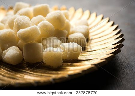 Bengali Sweet Chena Murki Served In A Golden Plate, Selective Focus