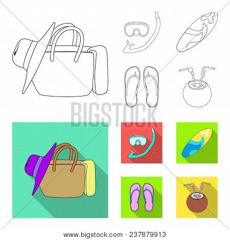 Diving, Surfing, Cocktail.summer Vacation Set Collection Icons In Outline, Flat Style Vector Symbol 