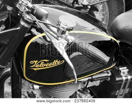Hebden Bridge, West Yorkshire, England - August 5 2017: Detail Of Old Velocette Mac Motorcycle At Th