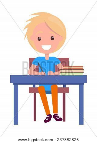 Blonde Boy With Textbooks At School Table Isolated On White. Vector Illustration Of Begginer On 1st 