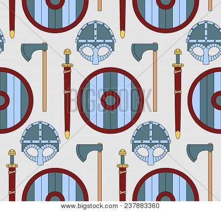 Seamless Viking Pattern With Shields, Helmets, Axes And Swords. Can Be Used For Graphic Design, Text