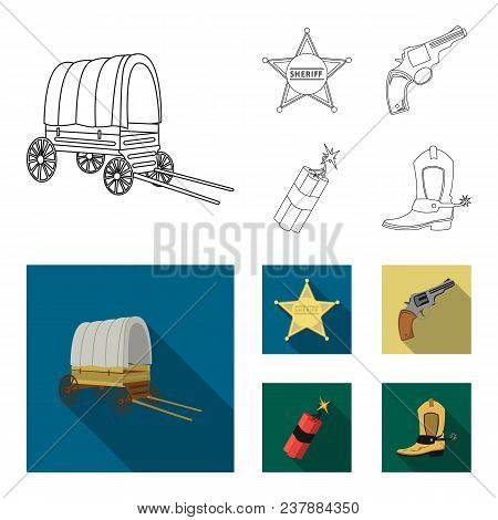 Star Sheriff, Colt, Dynamite, Cowboy Boot. Wild West Set Collection Icons In Outline, Flat Style Vec