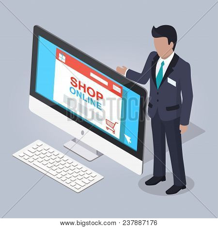 Online Shopping Website Illustrated On Monitor Of Computer On Gray Background. Man In Black Business