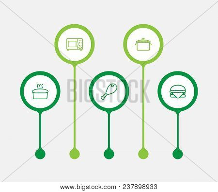 Set Of 5 Kitchen Icons Line Style Set. Collection Of Saucepan, Poultry Foot, Electronic Oven And Oth