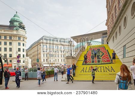 Vienna, Austria - 15 April 2018: Staircase With Advertising The Albertina Museum.