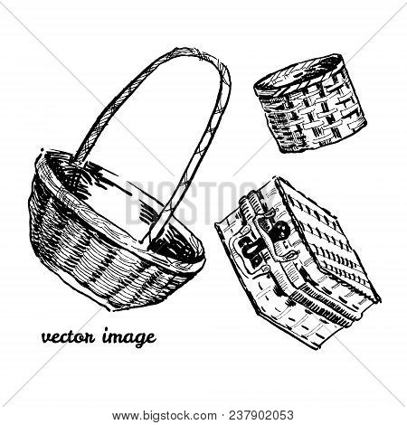 Hand Drawn Vector Set Of Ink Braided Baskets Black On Whit Background