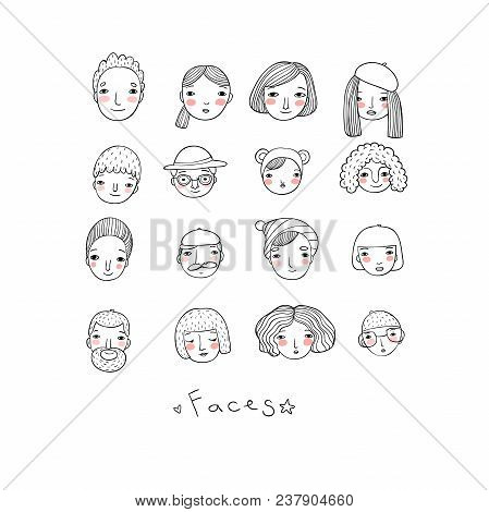 Different Faces. Hand Drawing Isolated Objects On White Background. Vector Illustration.