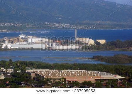 Maui, Hawaii - November 5, 2016: Aerial Of Costco, Sugar Cane Mill, And Coastline Of Kahului On Maui