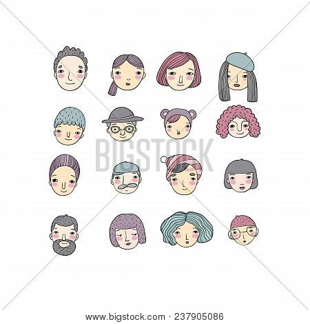 Different Faces. Hand Drawing Isolated Objects On White Background. Vector Illustration.