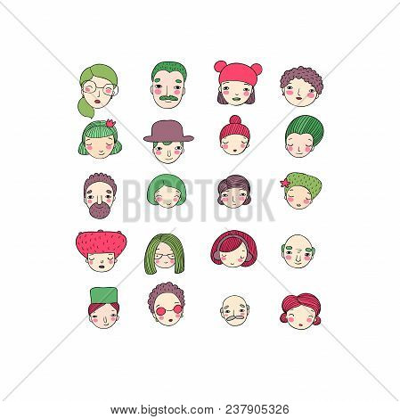 Different Faces. Hand Drawing Isolated Objects On White Background. Vector Illustration.