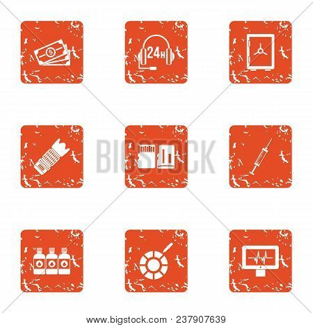 Business Telephony Icons Set. Grunge Set Of 9 Business Telephony Vector Icons For Web Isolated On Wh