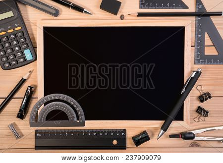 Stationery Of Education For Mathematics Class In School. Mathematics Equipment Tools For Basic Math