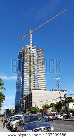 Honolulu - June 15, 2016: Crane Over Luxury Condo Waiea - 1118 Ala Moana That Is Under Construction 