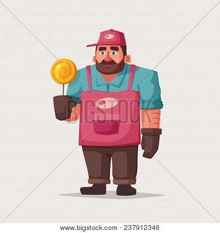 Street Food And Beverages Funny Hawker. Cartoon Vector Illustration. Seller Or Chef Character. Big A