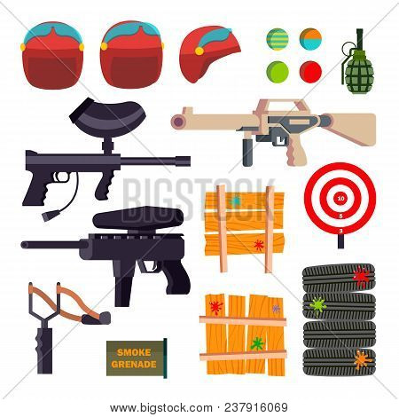 Paintball Icons Set Vector. Paintball Game Accessories. Weapon, Pistol, Helmet, Grenade, Protection 