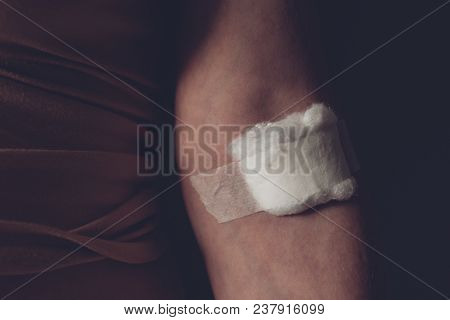 Cotton Wool On Female Hand After Venipuncture Blood Test Sample Collecting, Health Care And Medicine