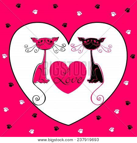 Greeting Card. Love. From Cat Lovers. Valentines. Hearts.cat Paw Prints. Cheerful Design. Vector.