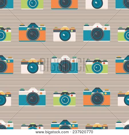 Vector Retro Cameras Stripe Seamless Pattern Background. Surface Pattern Design Perfect For Kids, Fa