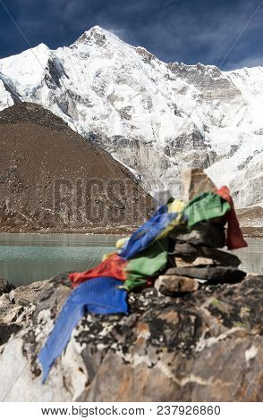 Mount Cho Oyu And Stone Pyramid With Prayer Flags, Way To Cho Oyu Base Camp, Everest Area, Sagarmath