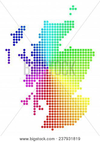 Spectral Dot Scotland Map. Vector Geographic Map In Bright Spectral Colors With Circular Gradient. C