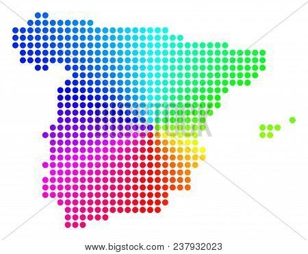 Spectral Dotted Spain Map. Vector Geographic Map In Bright Spectral Colors With Circular Gradient. C