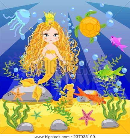 Vector Background With An Underwater World In A Children's Style. A Mermaid Is Sitting On A Rock. Wo