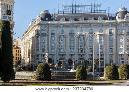 Madrid, Spain - January 22, 2018: Neptuno Fountain In City Of Madrid, Spain