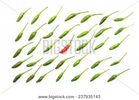 Top View Of Isolated Green Fresh Thai Chili Arranged In A Neat Rows By Have Red Chilli In Middle On 