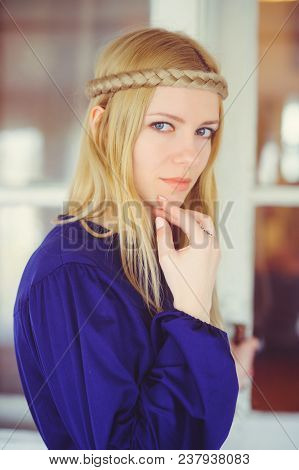 Cute Blonde Woman With Braided Hair Playing, Touching Face Dressed In Blue Dress, Beautiful Portrait