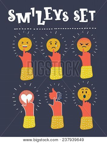 Vector Cartoon Illustrationsocial Media Icons And Hand Cursor. Face With Emotions. Mood. Thumb Up, H