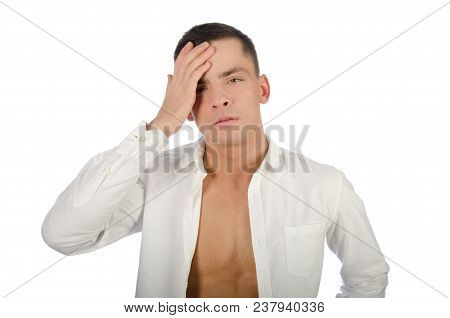Young Handsome Guy Falls Ill. Cold And Runny Nose. Headache And Poor Health