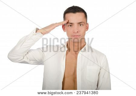 Young Handsome Guy Is Fooling Around. Emotional And Funny. Saluting