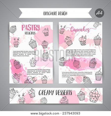 Cupcake Brochure With Handdrawn Cupcakes And Pink Splashes. Delicious Pastry Slogan. Bakery Banner C